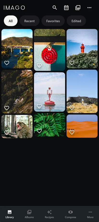 The IMAGO library: a grid of photos with the All, Recent, Favorites and Edited filters, and the navigation bar at the bottom.