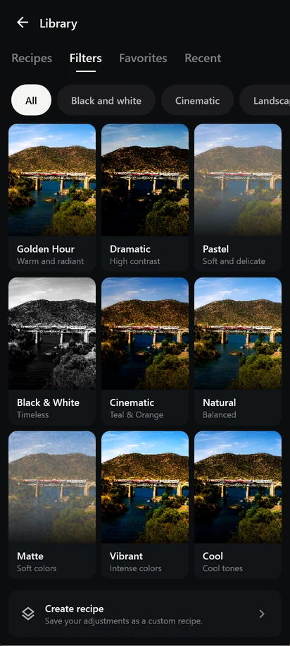 The recipe library, with Golden Hour, Dramatic, Pastel, Black & White, Cinematic, Natural, Matte, Vibrant and Cool previewed on the same photo.