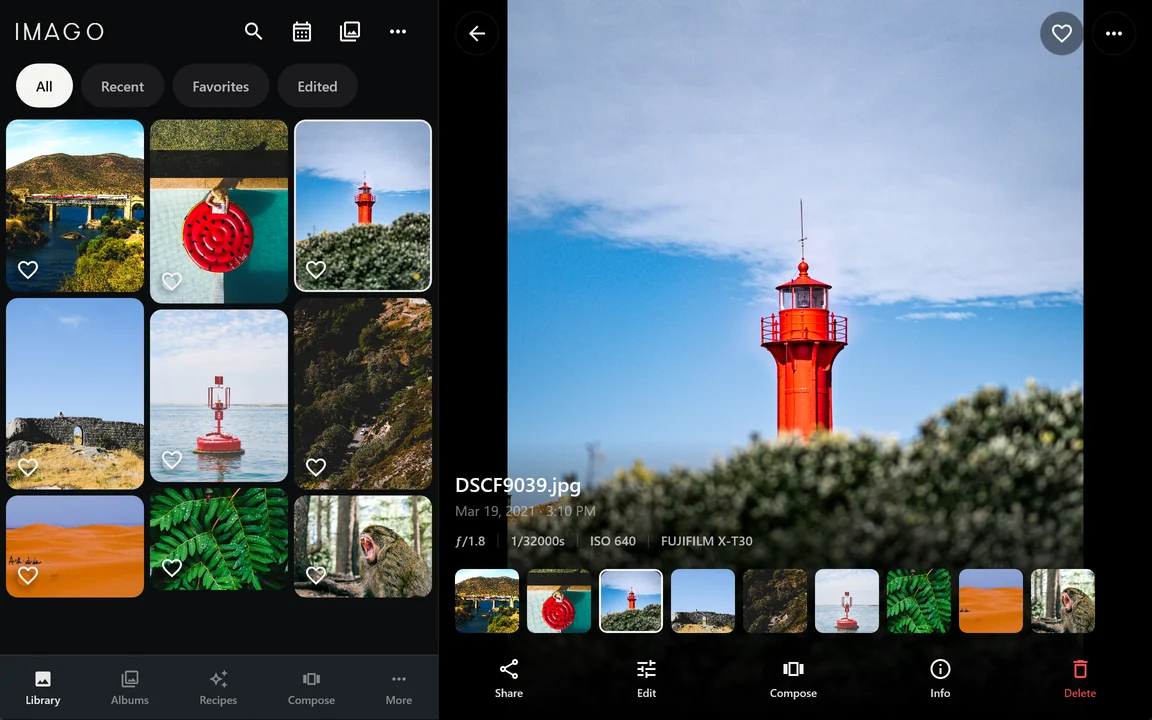 The library on a wide screen: the photo grid on the left and the lighthouse detail on the right, with the exposure data and the thumbnail strip.