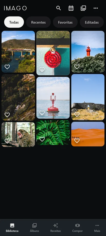 A biblioteca do IMAGO: uma grelha de fotografias com os filtros Todas, Recentes, Favoritas e Editadas, e a barra de navegação em baixo.