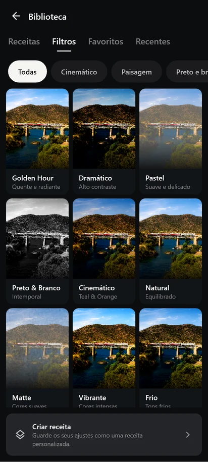 A biblioteca de receitas, com os filtros Golden Hour, Dramático, Pastel, Preto & Branco, Cinemático, Natural, Matte, Vibrante e Frio pré-visualizados na mesma fotografia.